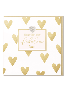 QB25 MD111 Happy Birthday Fabulous Nan Card – luxury gold foil greeting card with diamanté heart embellishment, blank inside and pearlescent gold envelope. Perfect elegant birthday card for Nan.