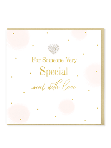 QB25 MD41 For Someone Very Special, With Love Card – luxury hand-finished greetings card with gold foil detailing and diamanté heart jewel. Perfect for sending love and appreciation to someone special.