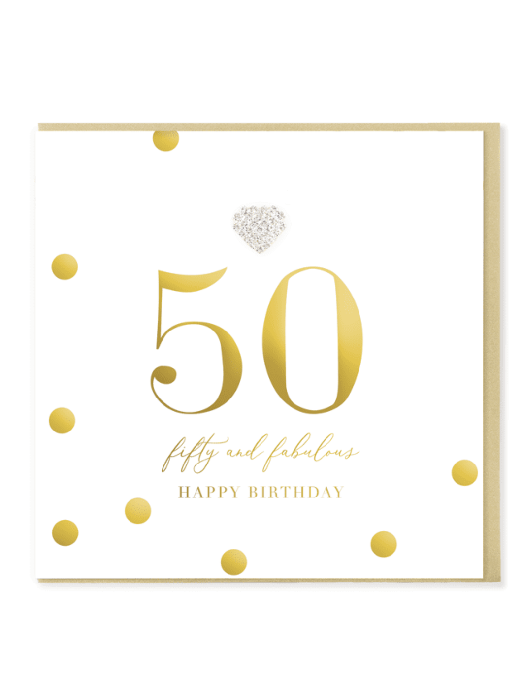 QB25 MDA50 50 & Fabulous Birthday Card with gold foil design, diamanté heart jewel and matching gold envelope.
