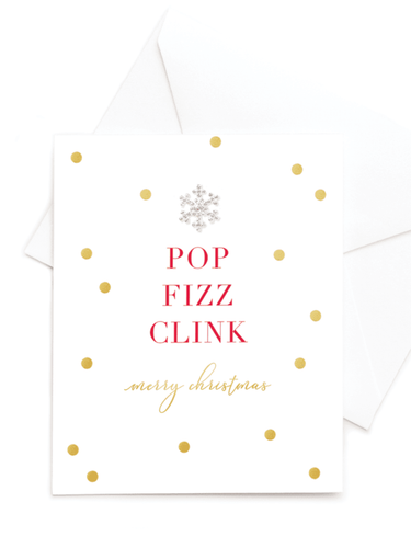 QB25 MDC21 Pop Fizz Clink Merry Christmas Card – luxury hand-finished Christmas card with gold foil sentiment and diamanté snowflake jewel. Perfect for sending festive, glamorous Christmas greetings.