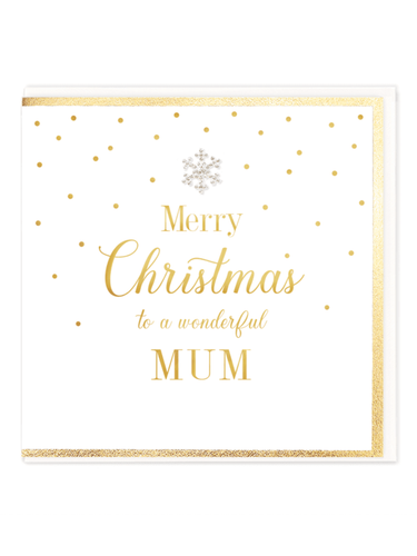QB25 MDC27 Merry Christmas To A Wonderful Mum Card – luxury hand-finished Christmas card with gold foil detailing and diamanté snowflake jewel. Perfect for sending festive love and warm wishes to your mum.