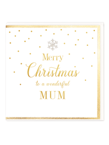 QB25 MDC27 Merry Christmas To A Wonderful Mum Card – luxury hand-finished Christmas card with gold foil detailing and diamanté snowflake jewel. Perfect for sending festive love and warm wishes to your mum.