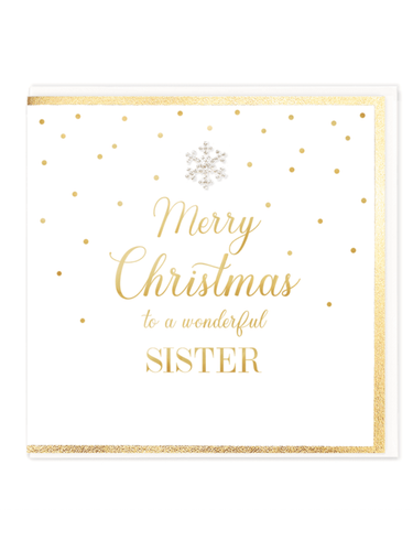 QB25 MDC29 Merry Christmas To A Wonderful Sister Card – luxury hand-finished Christmas card with gold foil detailing and diamanté snowflake jewel. Perfect for sending festive love and warm wishes to your sister.