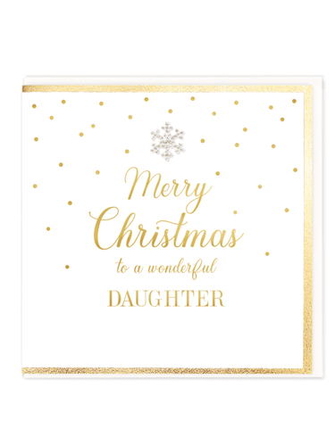 QB25 MDC31 Merry Christmas To A Wonderful Daughter Card – luxury hand-finished Christmas card with gold foil detailing and diamanté snowflake jewel. Perfect for sending festive love and warm wishes to your daughter.