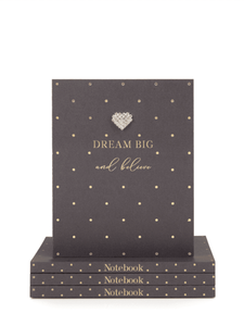 QB25 NB29 Dream Big & Believe Mini Notebook – luxury mini notebook with gold foil detailing, diamanté heart embellishment and 80 blank pages. Perfect for notes, journaling or gifting.
