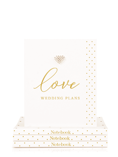 Luxury QB25 NB37 Love Wedding Plans Mini Notebook with gold foil lettering and diamanté heart embellishment, perfect for brides-to-be and elegant wedding planning.