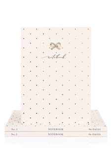 QB25 NB3 Gold Polka Dot A5 Notebook – luxury gold foil notebook with diamanté bow embellishment, FSC-certified paper, and lined and blank pages. Perfect for journaling, note-taking or gifting.