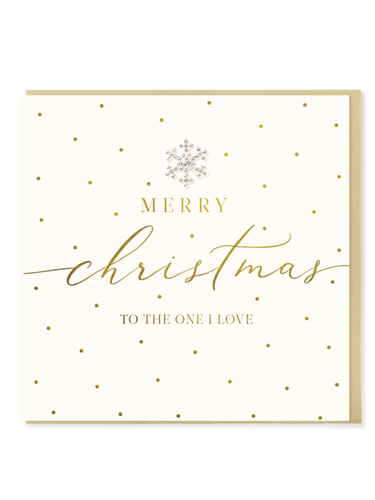 QB25 WW5 Merry Christmas To The One I Love Card – luxury hand-finished Christmas card with gold foil detailing and diamanté snowflake jewel. Perfect for sending heartfelt festive wishes to a loved one.