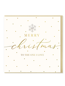 QB25 WW5 Merry Christmas To The One I Love Card – luxury hand-finished Christmas card with gold foil detailing and diamanté snowflake jewel. Perfect for sending heartfelt festive wishes to a loved one.