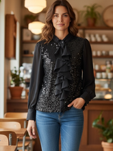 Load image into Gallery viewer, QBAW25 BC Black Floss Blouse featuring sequin embellishment, chiffon sleeves and cascading ruffle detailing.
