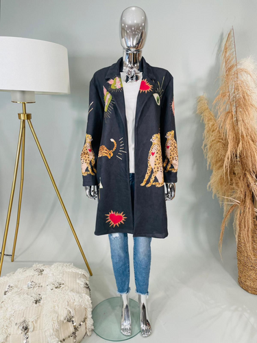 QBAW25 BC Black Leopard Motif Jacket with vibrant heart detailing – women’s statement jacket for bold, fashionable day-to-night outfits.