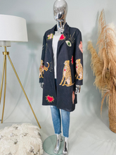 Load image into Gallery viewer, QBAW25 BC Black Leopard Motif Jacket with vibrant heart detailing – women’s statement jacket for bold, fashionable day-to-night outfits.
