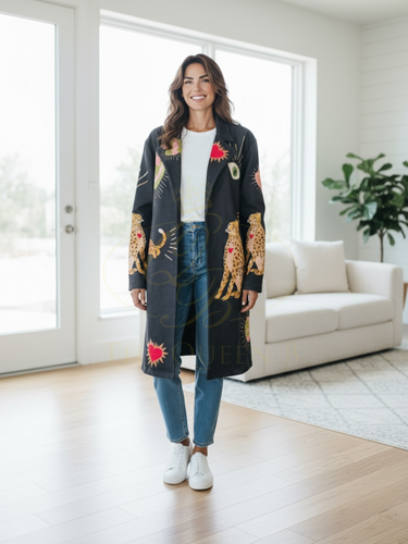 QBAW25 BC Black Leopard Motif Jacket with vibrant heart detailing – women’s statement jacket for bold, fashionable day-to-night outfits.