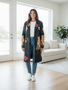 QBAW25 BC Black Leopard Motif Jacket with vibrant heart detailing – women’s statement jacket for bold, fashionable day-to-night outfits.