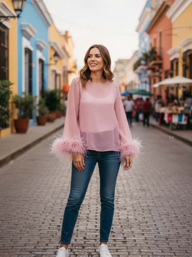 QBAW25 BC Fleur Pink Feather Sleeve Sheer Top – pink sheer top with feather-trim sleeves, one-size fit 10–16, chic and feminine blouse for party and evening wear.