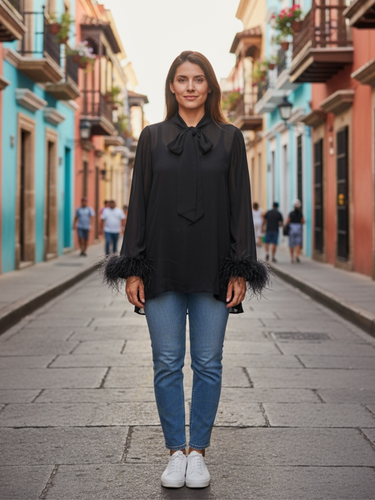 QBAW25 BC Fleur Black Feather Sleeve Bow Sheer Top – sheer black blouse with feather-trimmed sleeves, bow neckline and vest top, fits sizes 10–16, perfect for evening wear.