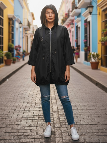 QBAW25 BC Harper Black Rain Mac -women’s lightweight hooded raincoat with zip fastening and drawstring detail. Perfect for casual and travel wear.