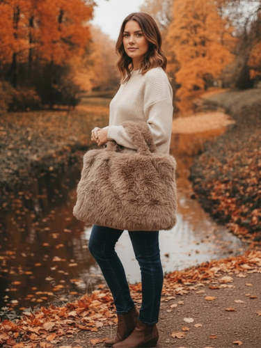 QBAW25 CW B701 Taupe Large Fluffy Bag featuring a soft faux fur design with top handles and a spacious interior, perfect for winter styling.