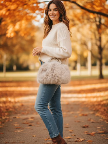 QBAW25 CW B704 Beige Small Fluffy Bag featuring soft faux fur, gold chain strap and a compact design for elegant day-to-night styling.