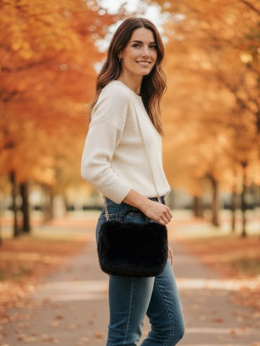 QBAW25 CW B704 Black Small Fluffy Bag featuring soft faux fur, gold chain strap and a compact design for elegant day-to-night styling.