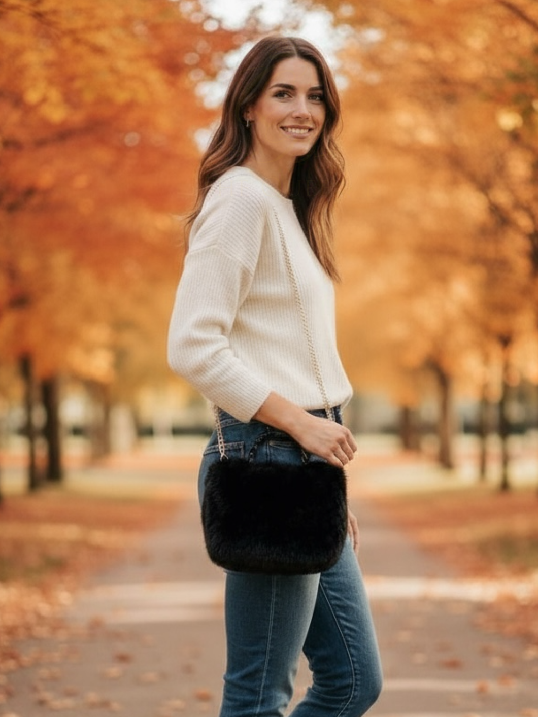 QBAW25 CW B704 Black Small Fluffy Bag featuring soft faux fur, gold chain strap and a compact design for elegant day-to-night styling.