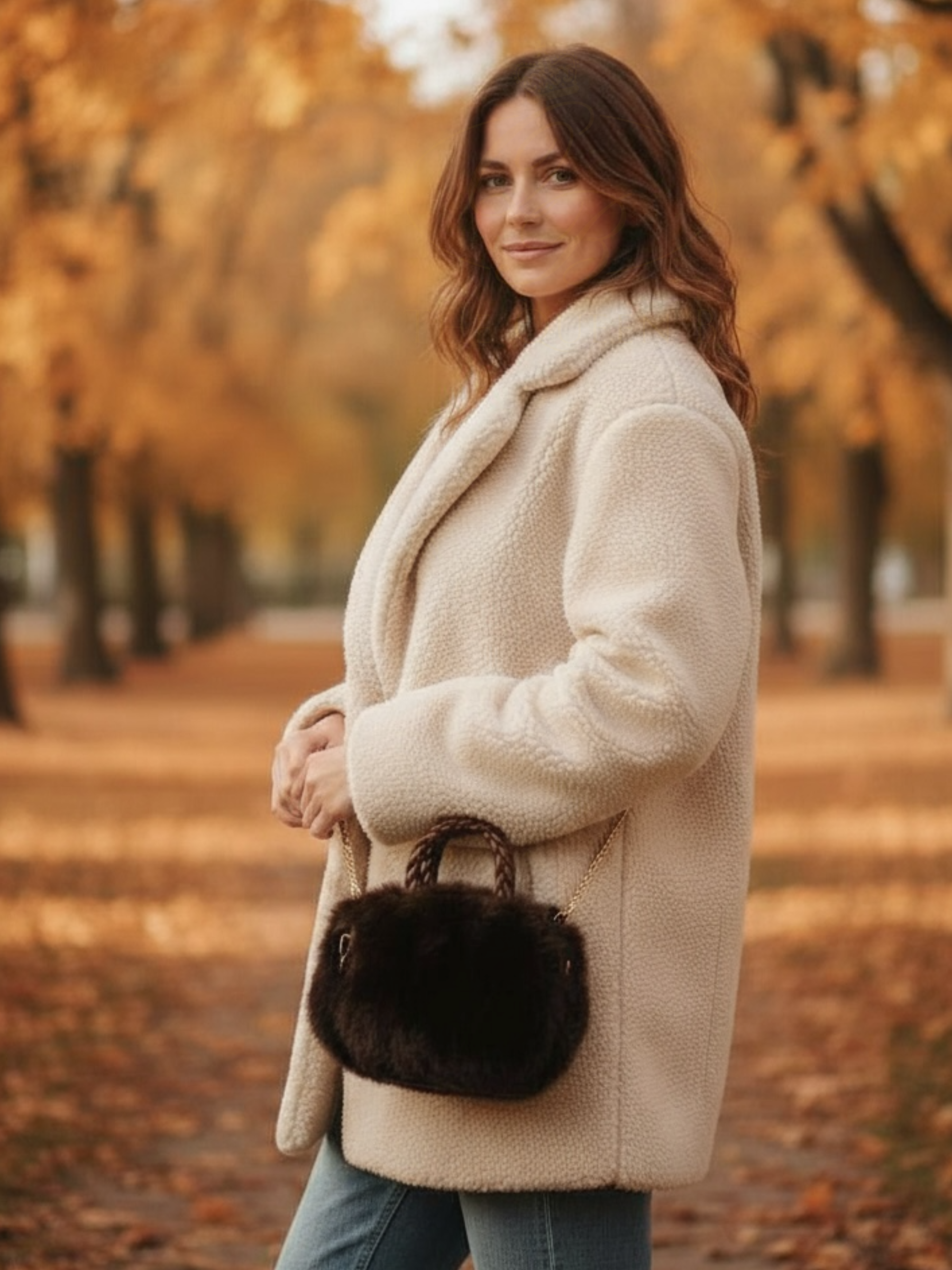 QBAW25 CW B704 Chocolate Brown Small Fluffy Bag featuring soft faux fur, gold chain strap and a compact design for elegant day-to-night styling.