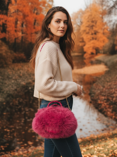 QBAW25 CW B704 Fuchsia Small Fluffy Bag featuring soft faux fur, gold chain strap and a compact design for elegant day-to-night styling.