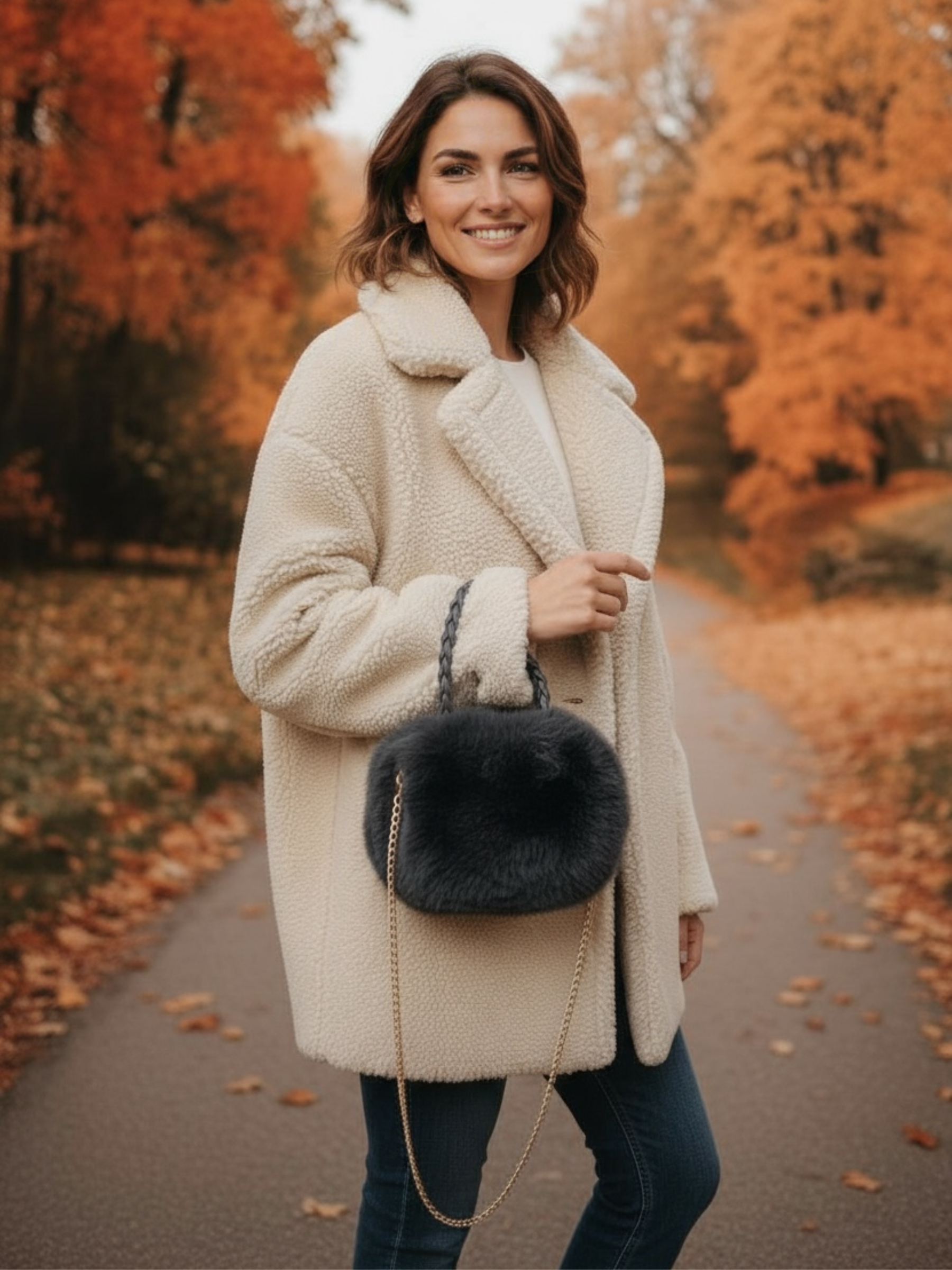 QBAW25 CW B704 Grey Small Fluffy Bag featuring soft faux fur, gold chain strap and a compact design for elegant day-to-night styling.