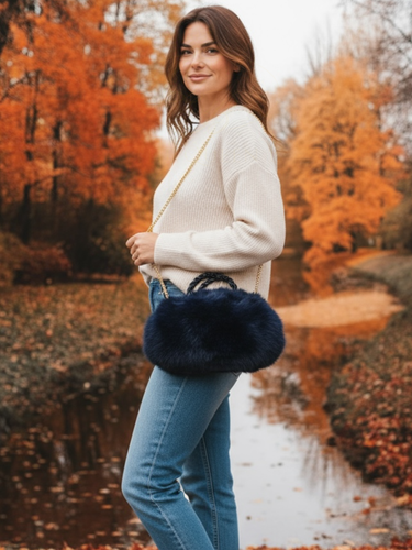 QBAW25 CW B704 Navy Small Fluffy Bag featuring soft faux fur, gold chain strap and a compact design for elegant day-to-night styling.