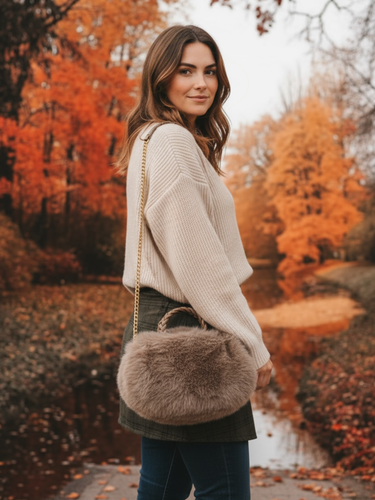 QBAW25 CW B704 Taupe Small Fluffy Bag featuring soft faux fur, gold chain strap and a compact design for elegant day-to-night styling.