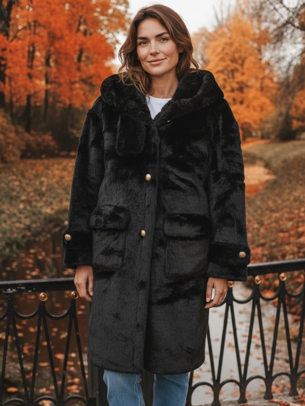 QBAW25 CW C806 Black Fluffy Hooded Coat featuring soft faux fur, a cosy hood and button fastening for chic and versatile cold-weather style.