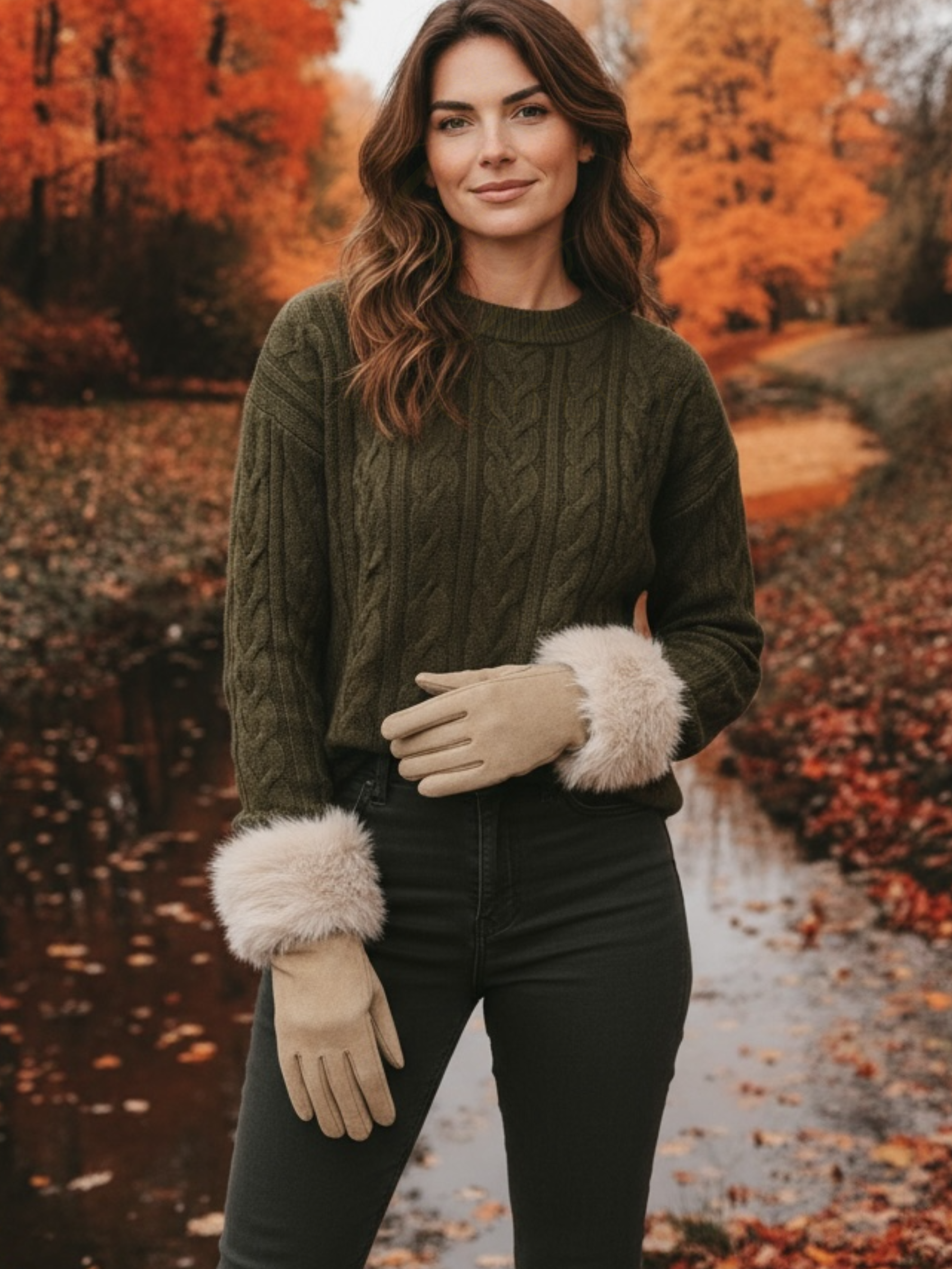 QBAW25 CW GW006 Beige Faux Fur Gloves featuring soft touch fabric and plush faux fur cuffs for timeless, elegant winter styling.