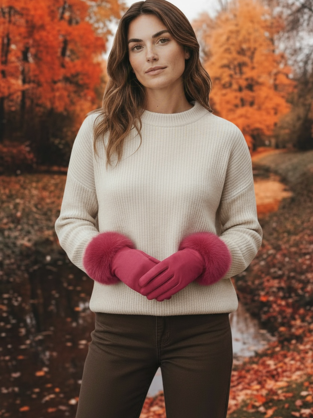QBAW25 CW GW006 Fuchsia Faux Fur Gloves featuring soft touch fabric and plush faux fur cuffs for a bold, feminine winter look.