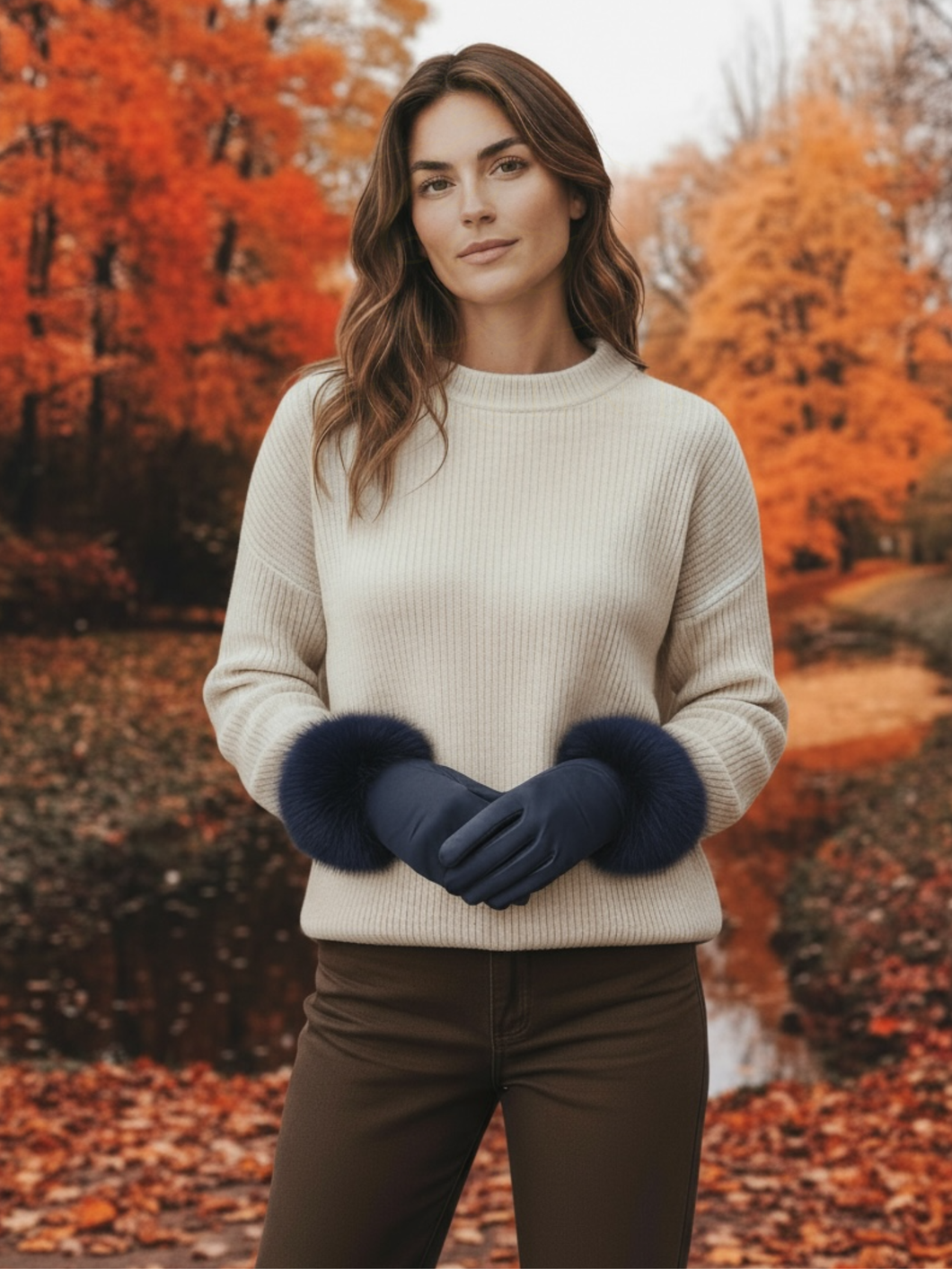 QBAW25 CW GW006 Navy Faux Fur Gloves featuring a soft touch suede like finish and plush faux fur cuffs for refined winter style.