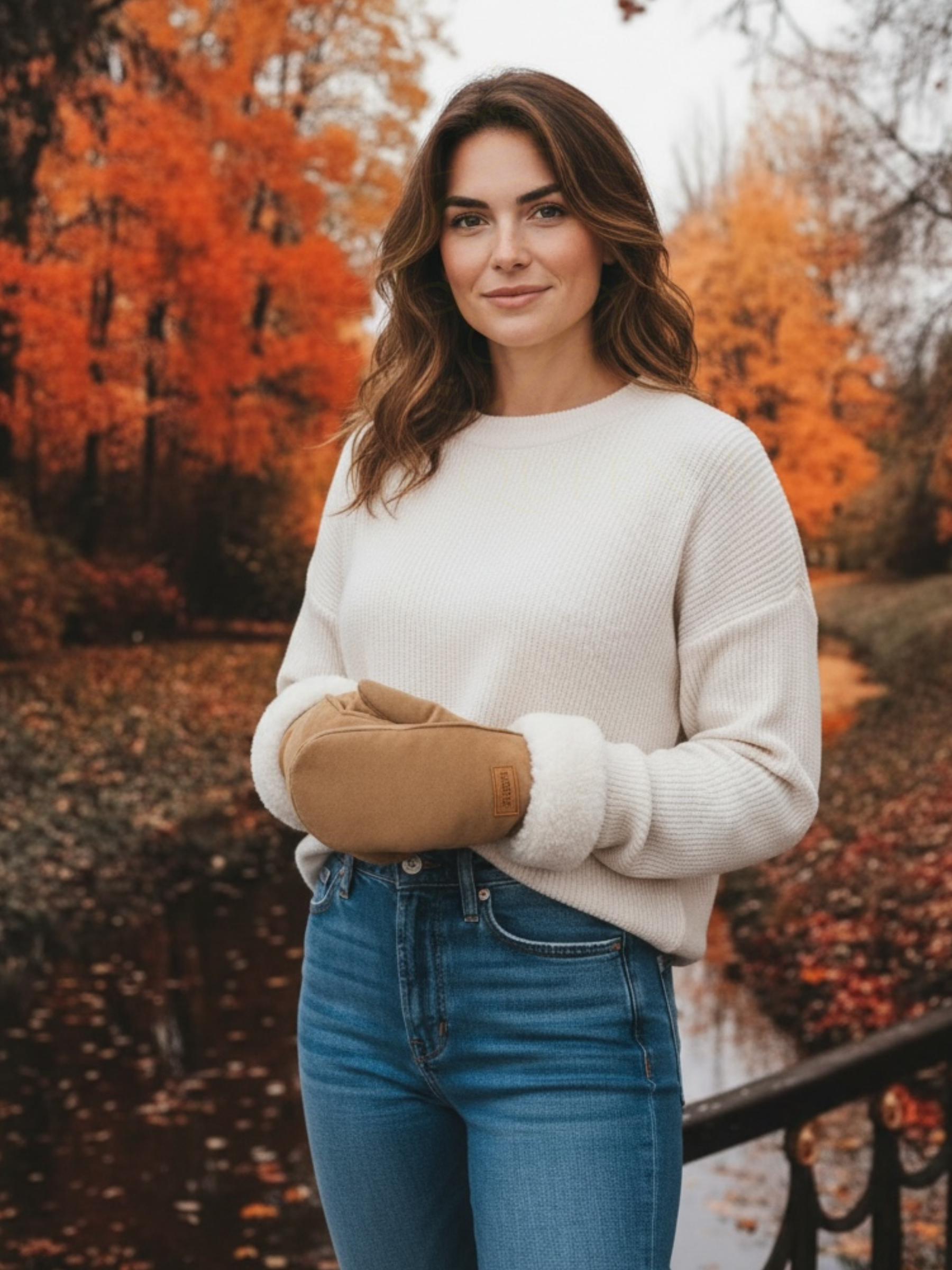 QBAW25 CW GW015 Chestnut Mitten Gloves – chestnut winter mittens with faux-shearling lining and cuffs. Warm, cosy gloves perfect for everyday winter styling.