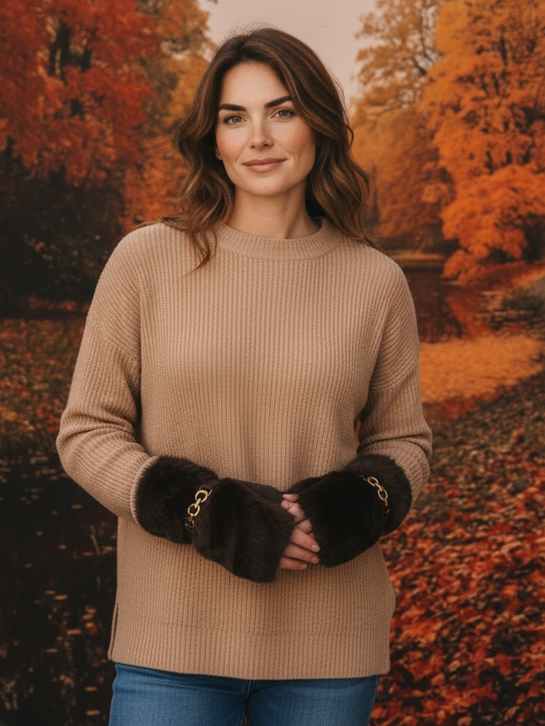 QBAW25 CW GW019 Chocolate Brown Fluffy Fingerless Gloves women’s fluffy fingerless gloves offering warmth comfort and chic cold weather style.