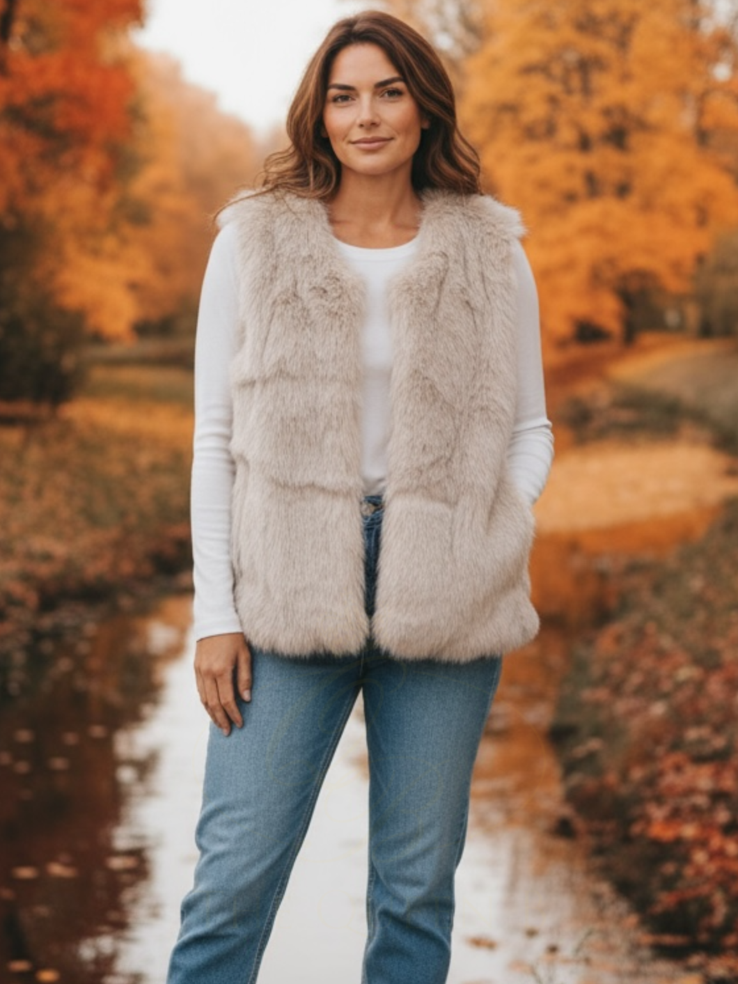 QBAW25 CW VC811 Beige Faux Fur Vest Coat featuring soft faux fur texture, round neckline and sleeveless cut for chic versatile layering.