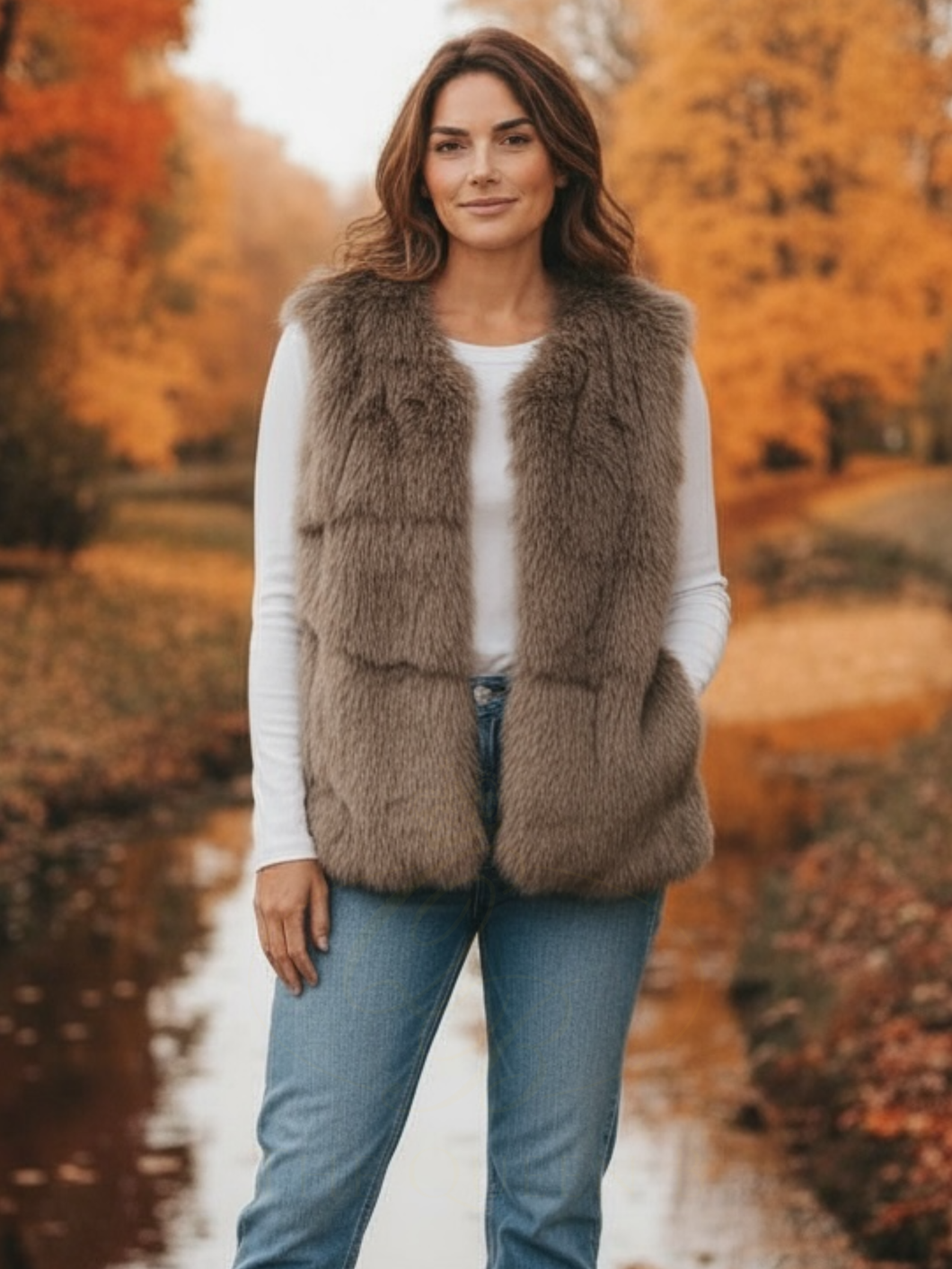 QBAW25 CW VC811 Taupe Faux Fur Vest Coat with round neckline, sleeveless silhouette and soft faux fur finish for chic layered winter style.