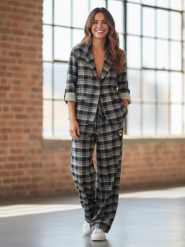 QBAW25 MC Otto Trouser – women’s wide-leg checked trousers with drawstring waist, chic black and grey plaid trousers for smart-casual outfits.