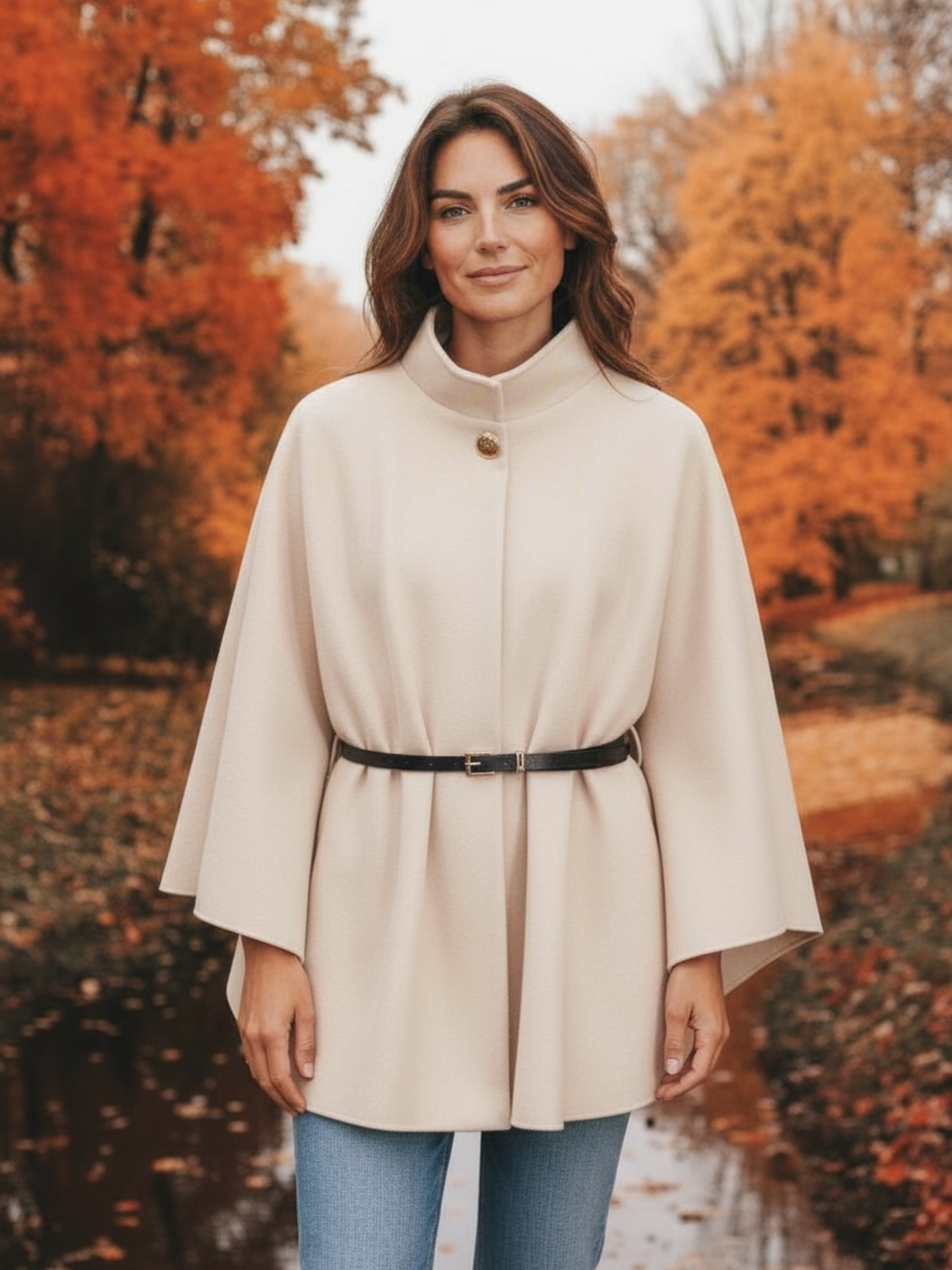 The QBAW25 RR Cream Carrie Cape features a structured silhouette with wide sleeves, a high neckline and elegant gold button detailing. Finished with a detachable belt for a flattering fit, this chic cape blends timeless tailoring with modern sophistication - perfect for layering over seasonal outfits.
