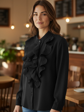 Load image into Gallery viewer, The Queen B Felicity Blouse featuring cascading pleated frills, a button-through front and elegant long sleeves for timeless, sophisticated style.
