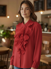 Load image into Gallery viewer, The Queen B Felicity Blouse featuring cascading pleated frills, a button-through front and elegant long sleeves for timeless, sophisticated style.
