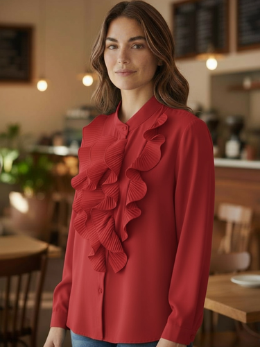 The Queen B Felicity Blouse featuring cascading pleated frills, a button-through front and elegant long sleeves for timeless, sophisticated style.