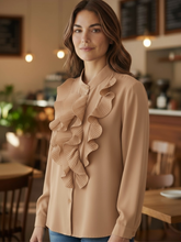 Load image into Gallery viewer, The Queen B Felicity Blouse featuring cascading pleated frills, a button-through front and elegant long sleeves for timeless, sophisticated style.
