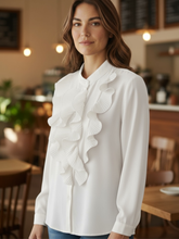 Load image into Gallery viewer, The Queen B Felicity Blouse featuring cascading pleated frills, a button-through front and elegant long sleeves for timeless, sophisticated style.
