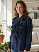Load image into Gallery viewer, QB RR Felicity Blouse available in navy, cream, and black, featuring cascading frill detailing, button-down design and relaxed free-size fit up to UK 16.
