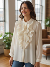 Load image into Gallery viewer, QB RR Felicity Blouse available in navy, cream, and black, featuring cascading frill detailing, button-down design and relaxed free-size fit up to UK 16.
