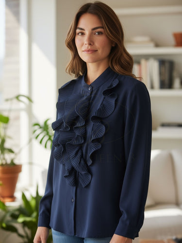 QB RR Felicity Blouse available in navy, cream, and black, featuring cascading frill detailing, button-down design and relaxed free-size fit up to UK 16.