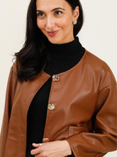 Load image into Gallery viewer, QBAW25 RR Penny Jacket in tan with statement button fastenings, cropped silhouette and pocket detail, also available in wine.
