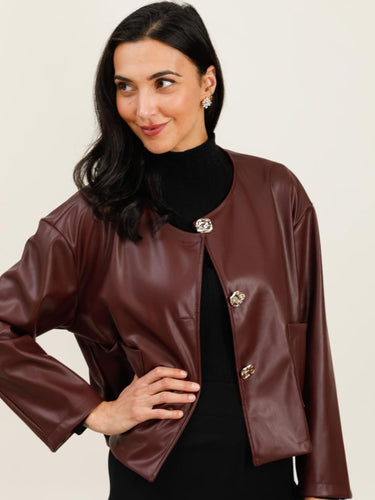 QBAW25 RR Penny Jacket in wine with statement button fastenings, cropped silhouette and pocket detail, also available in tan.